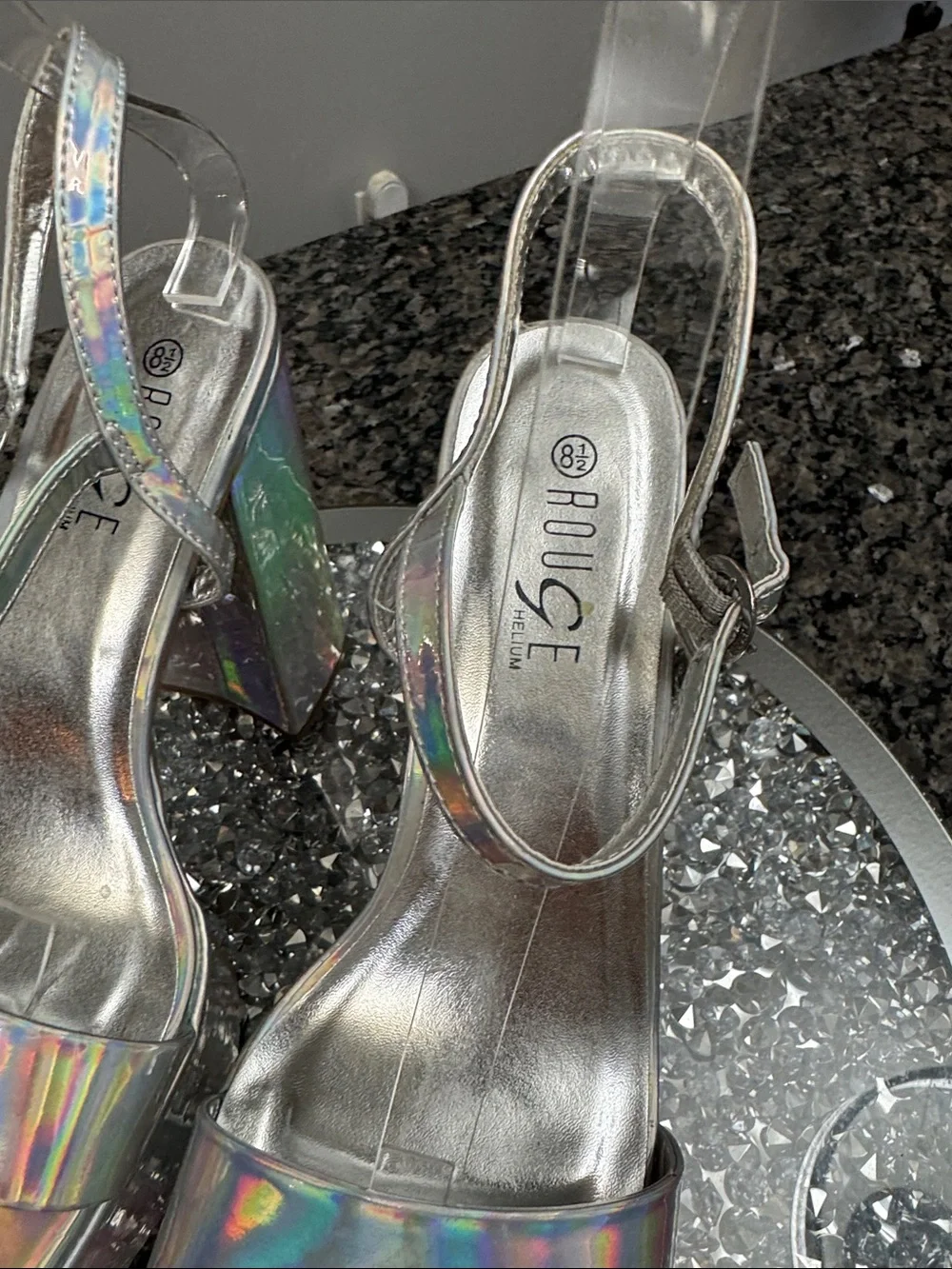 Rouge! Holographic Silver Platform Go-Go Sandals NWOT